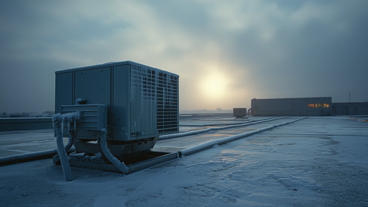 Frost-covered rooftop HVAC unit on a snowy commercial building at sunrise