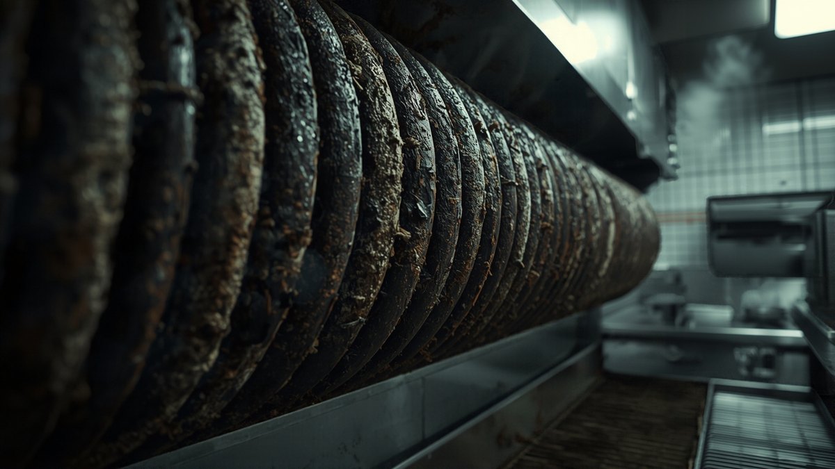 Heavily grimy condenser coil fins caked with dirt and debris