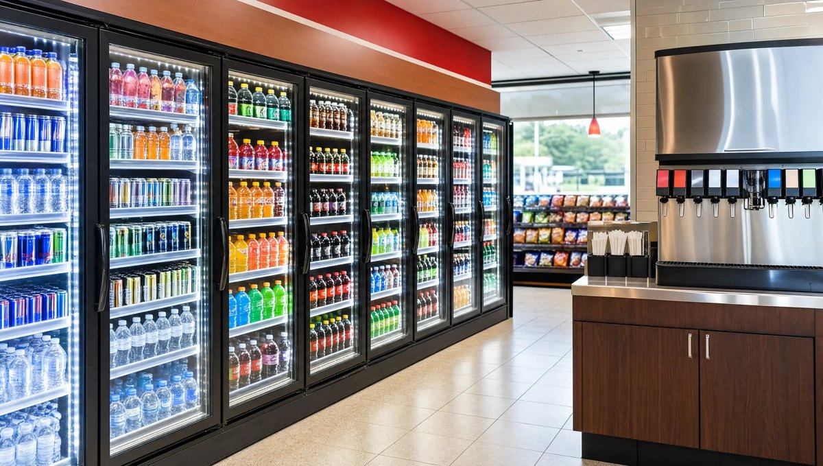 Convenience store coolers and fountain station