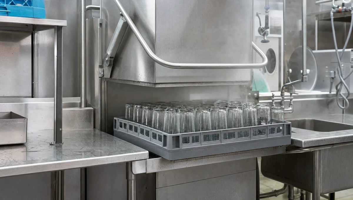 Commercial hood-type dishwasher in a dish pit