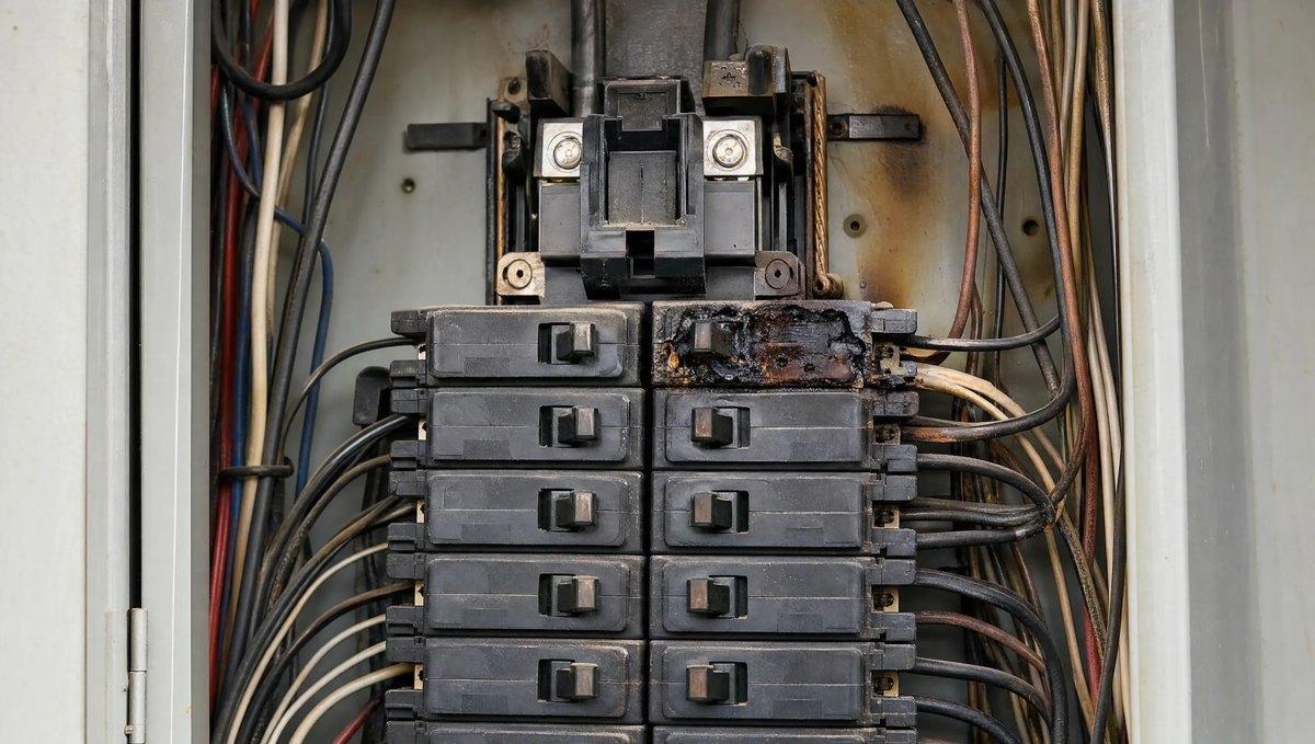 Scorched overheated breaker inside a commercial electrical panel