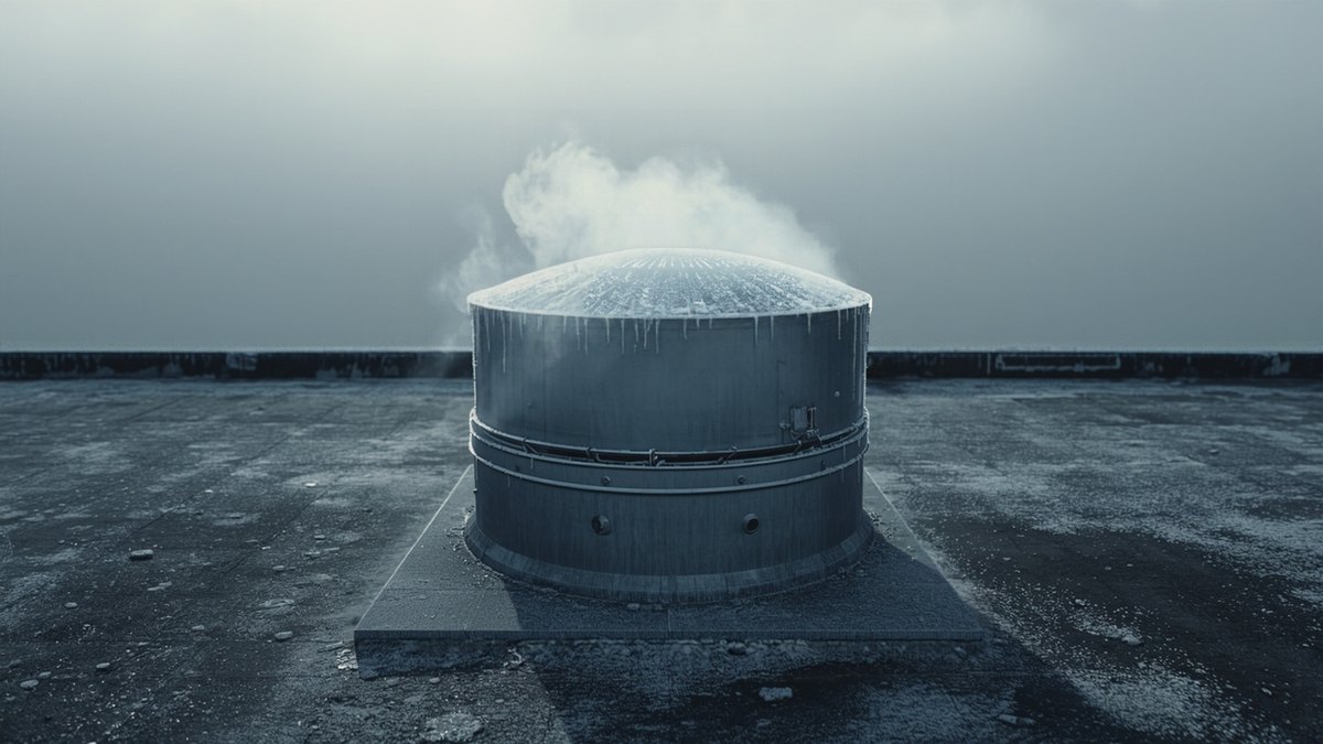 Frost-covered heating unit on a commercial rooftop on a cold morning