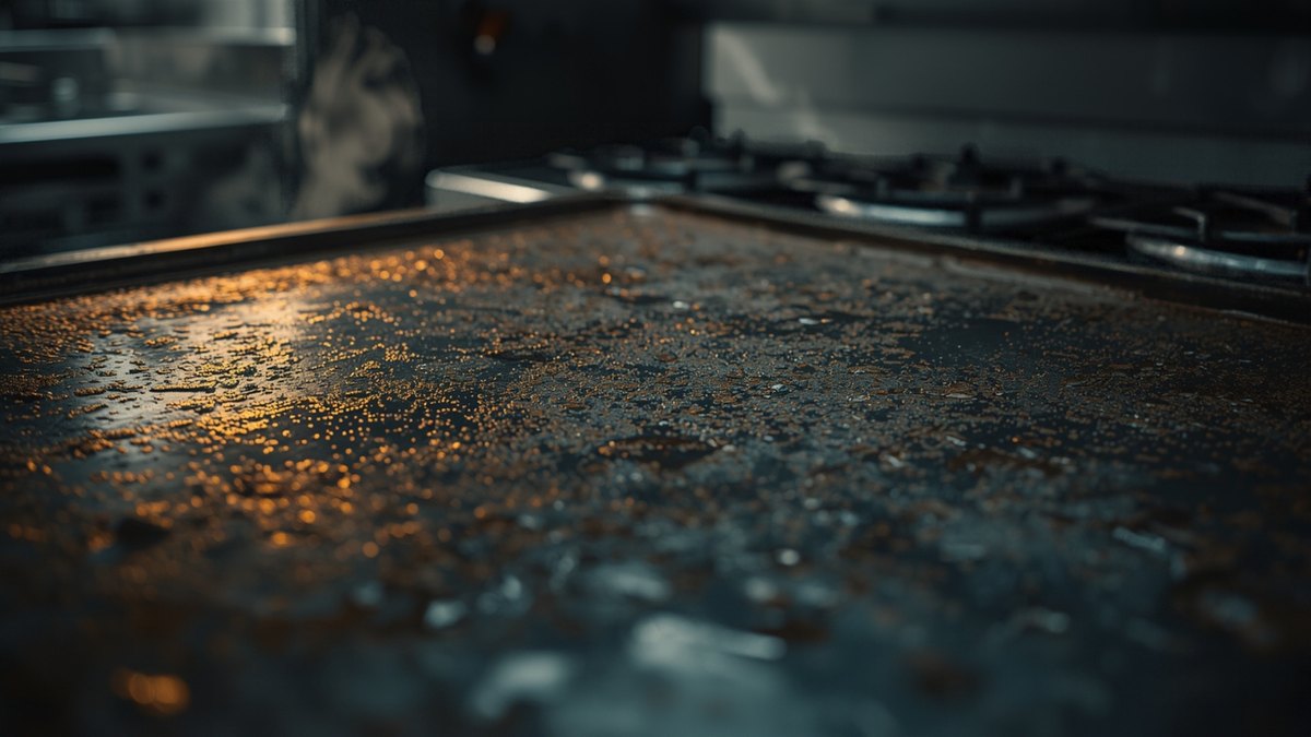 Close-up of a flat-top griddle surface with uneven heat shimmer and grease specks