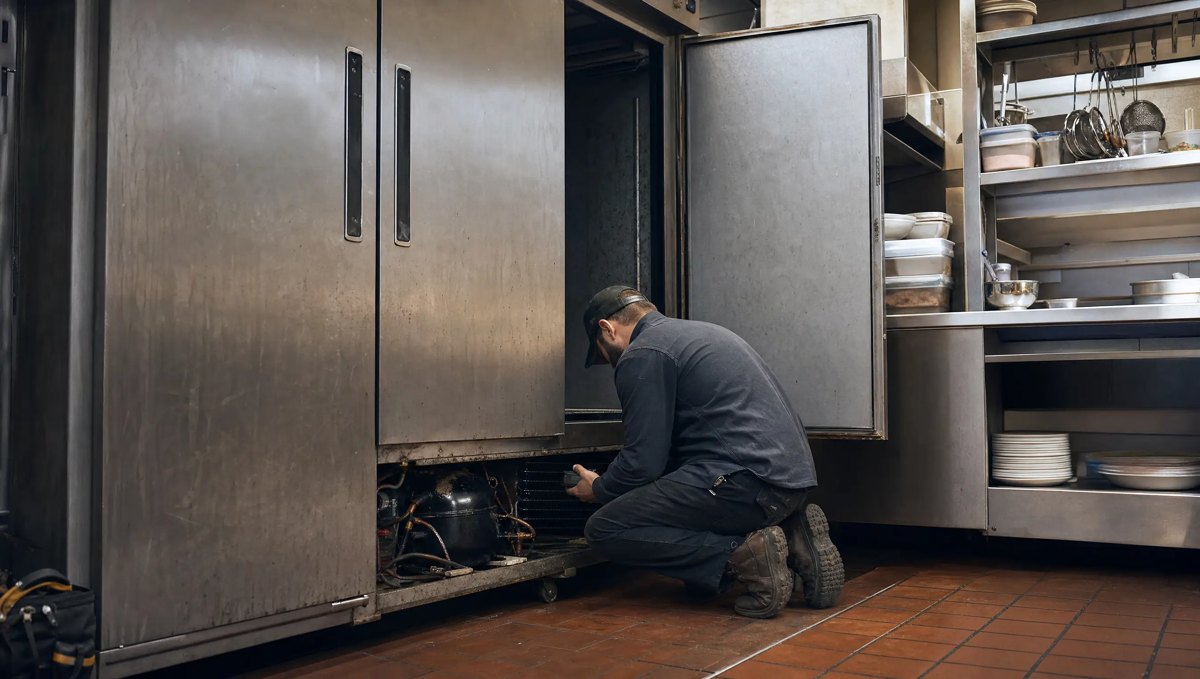 Technician assessing an aging commercial reach-in refrigerator