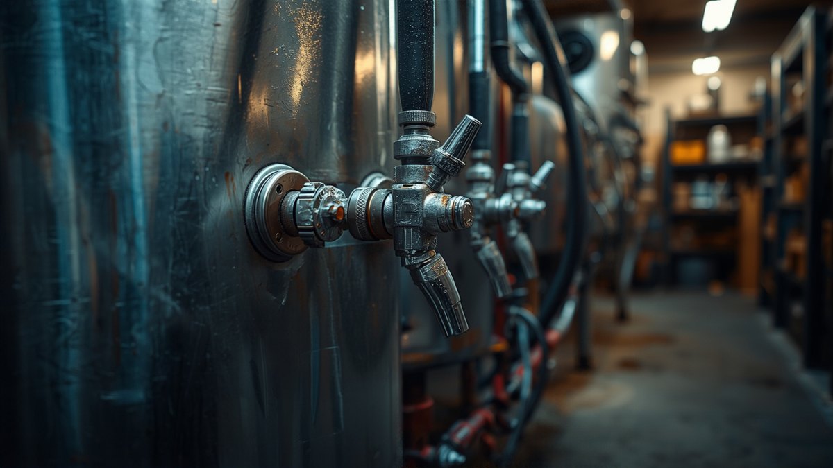 Close-up of valves and fittings on a stainless steel beverage tank