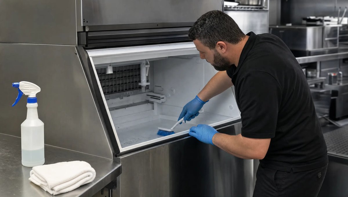 Technician cleaning the inside of a commercial ice machine