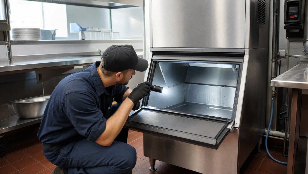 Technician diagnosing an empty commercial ice machine