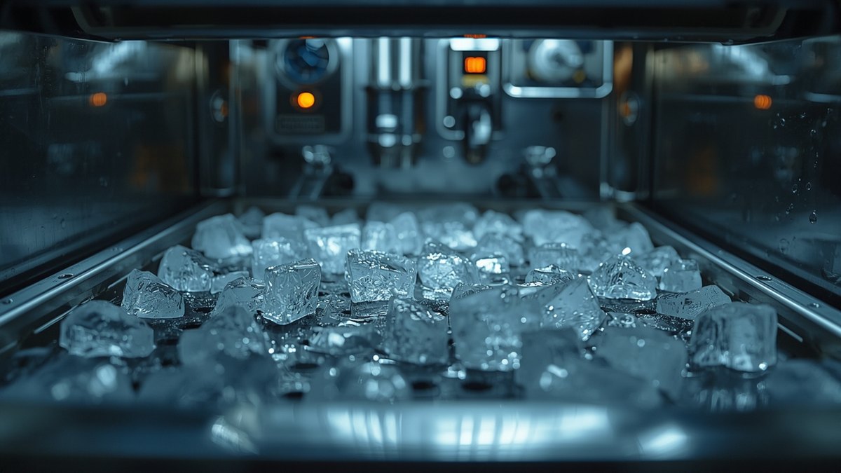 Clear ice cubes sitting on a machine's metal grid tray