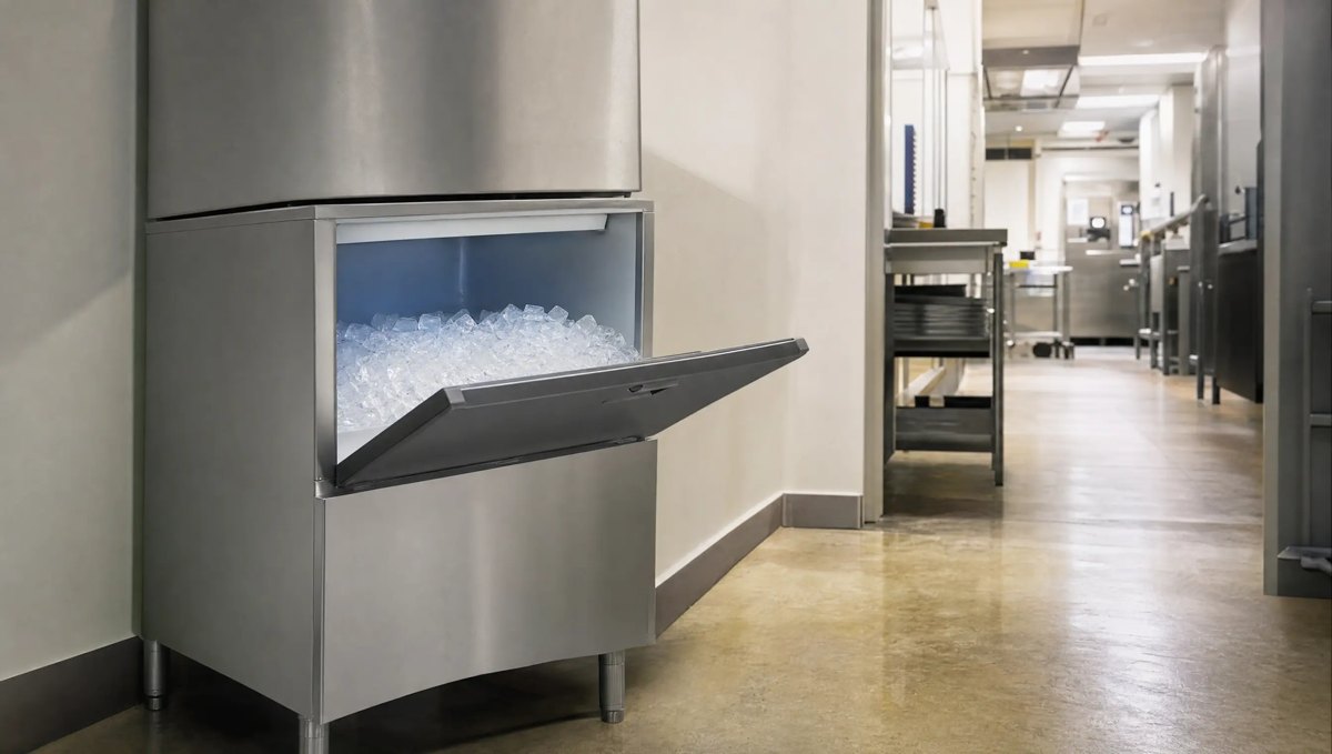 Commercial ice machine with open bin