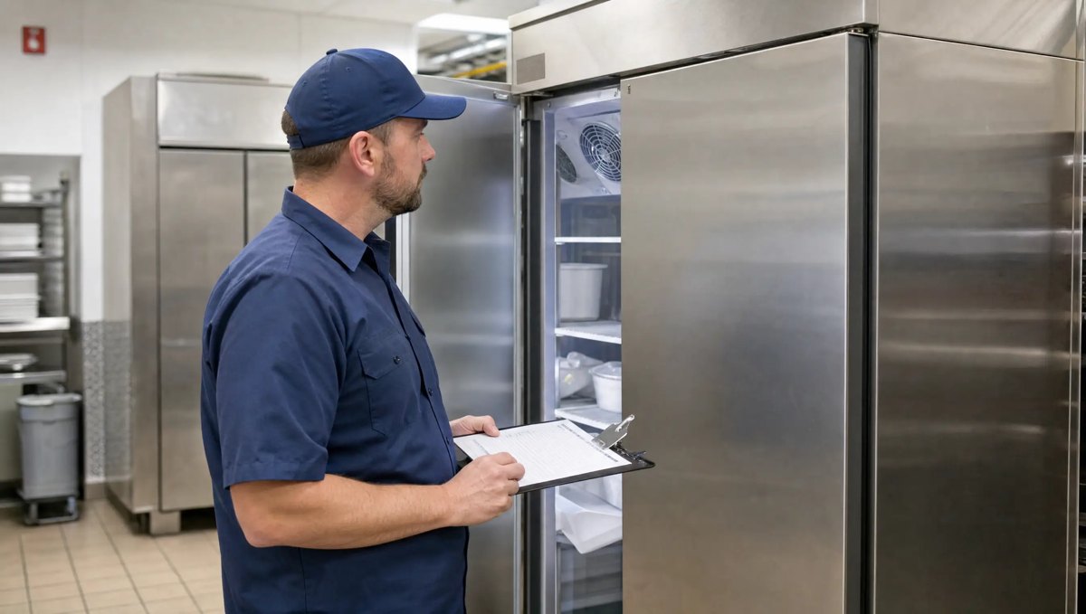 Technician with a checklist doing scheduled preventative maintenance