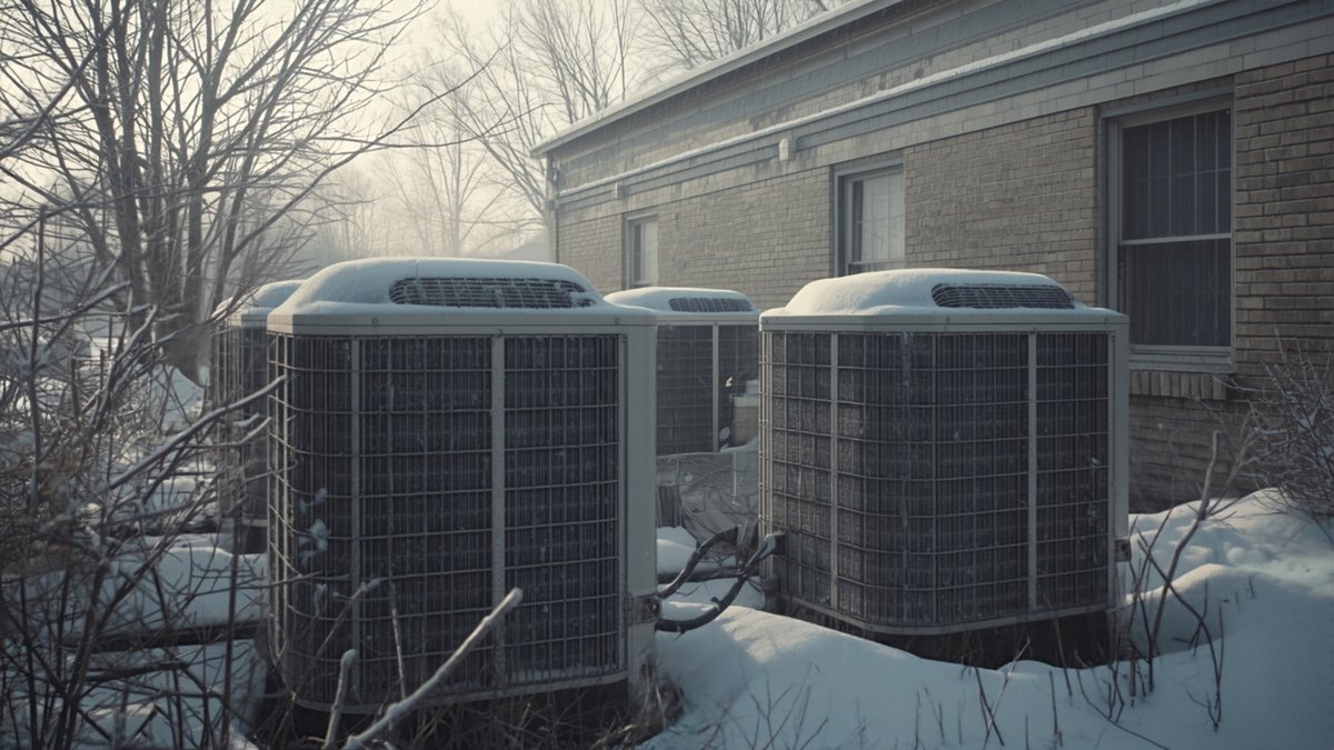 Snow-covered condenser units sit outside a brick building in winter