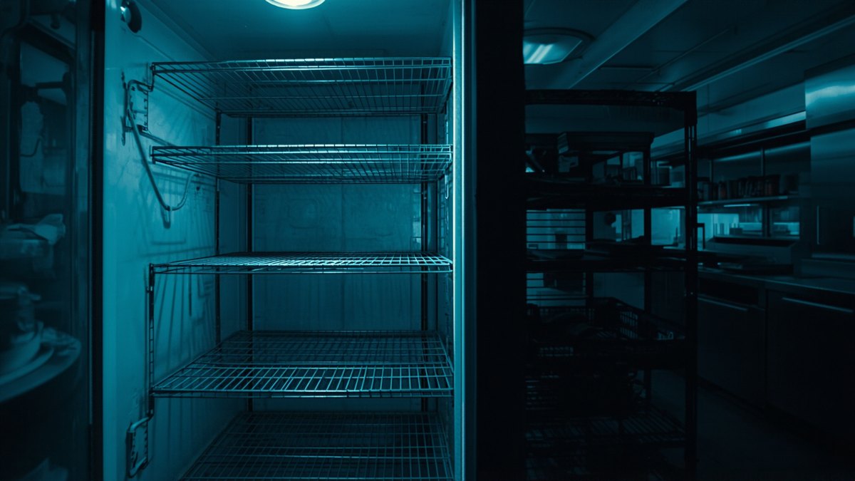 Empty wire shelves inside an open commercial walk-in freezer at night
