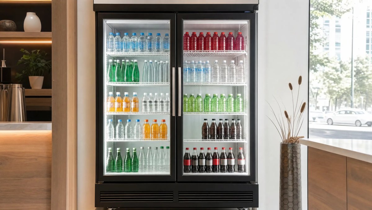 Glass-door reach-in cooler stocked with drinks