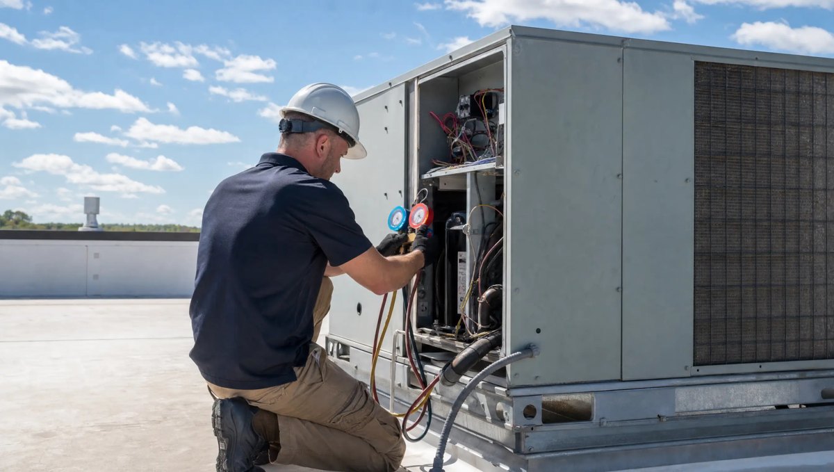 HVAC technician servicing a commercial rooftop unit