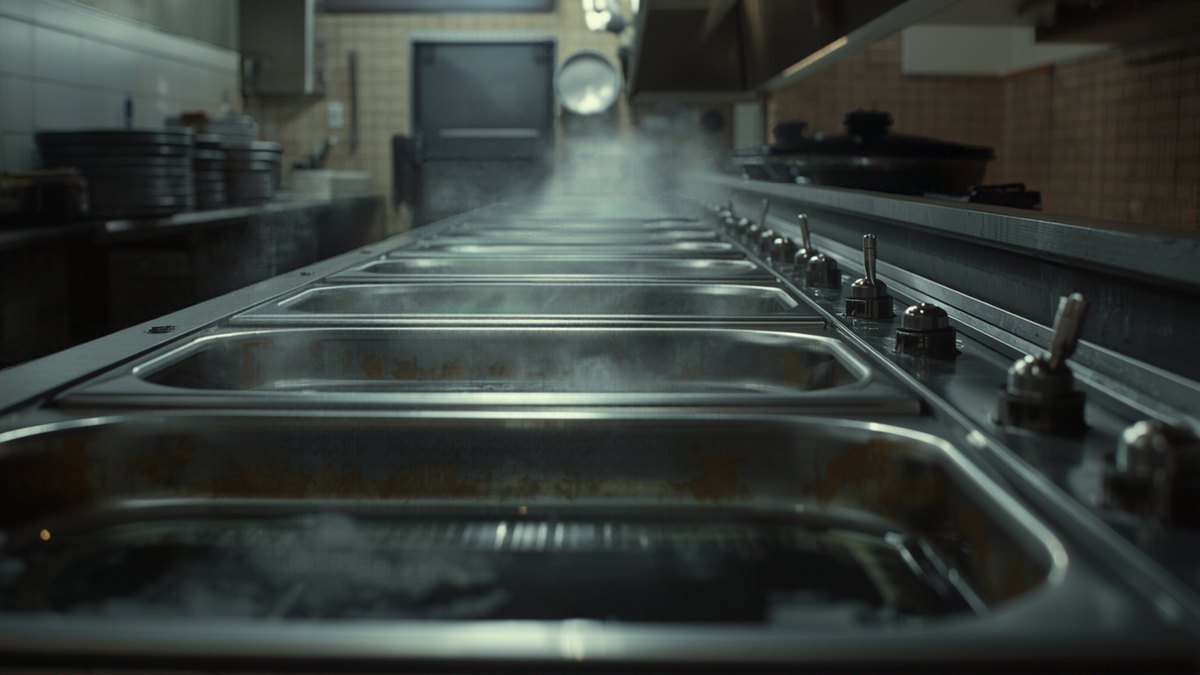 Empty stainless steam table wells in a steamy commercial kitchen