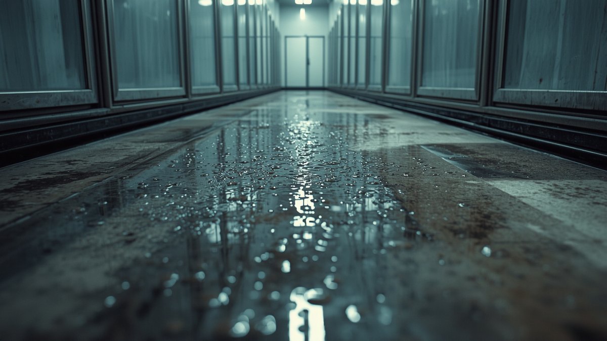 Water pooling on the floor of a walk-in cooler aisle