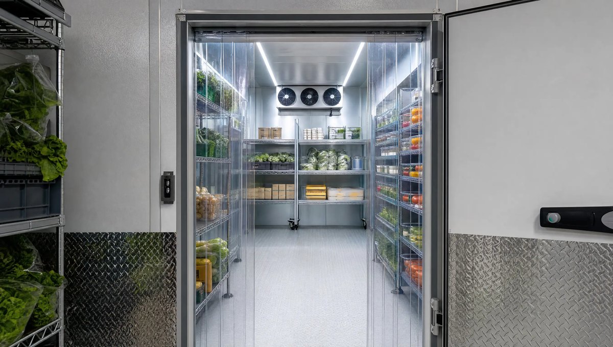 Walk-in cooler with strip curtains