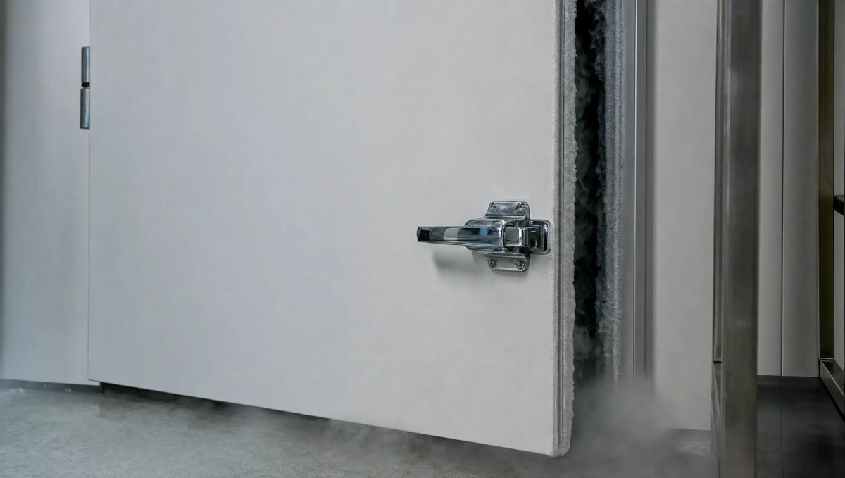 Walk-in freezer door with latch and gasket