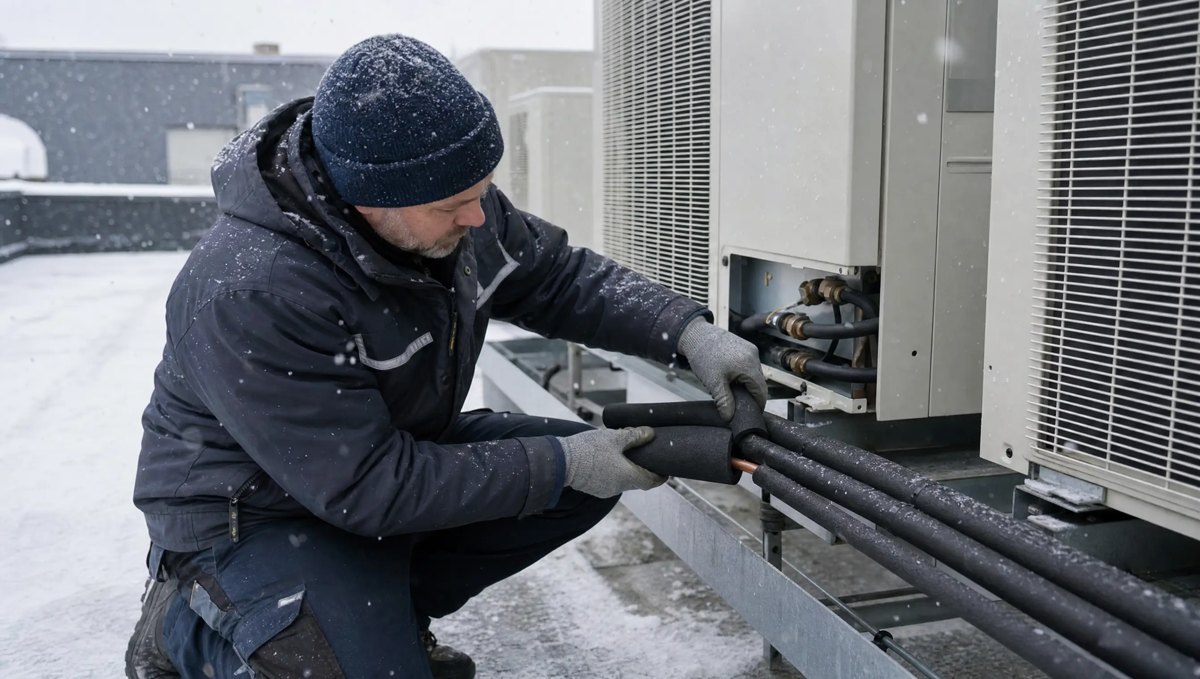 Technician winterizing outdoor commercial refrigeration equipment