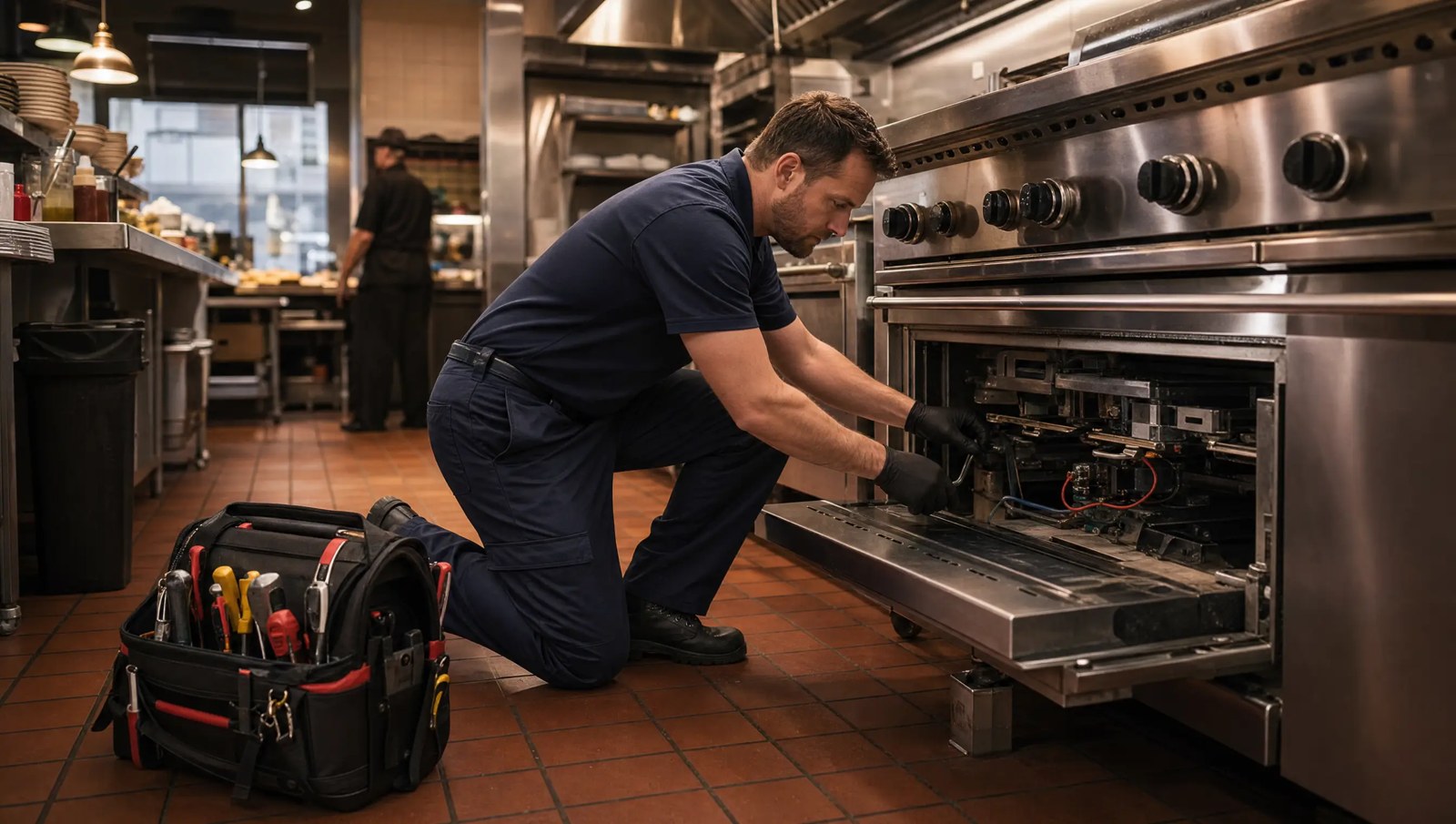 Commercial service technician repairing kitchen equipment