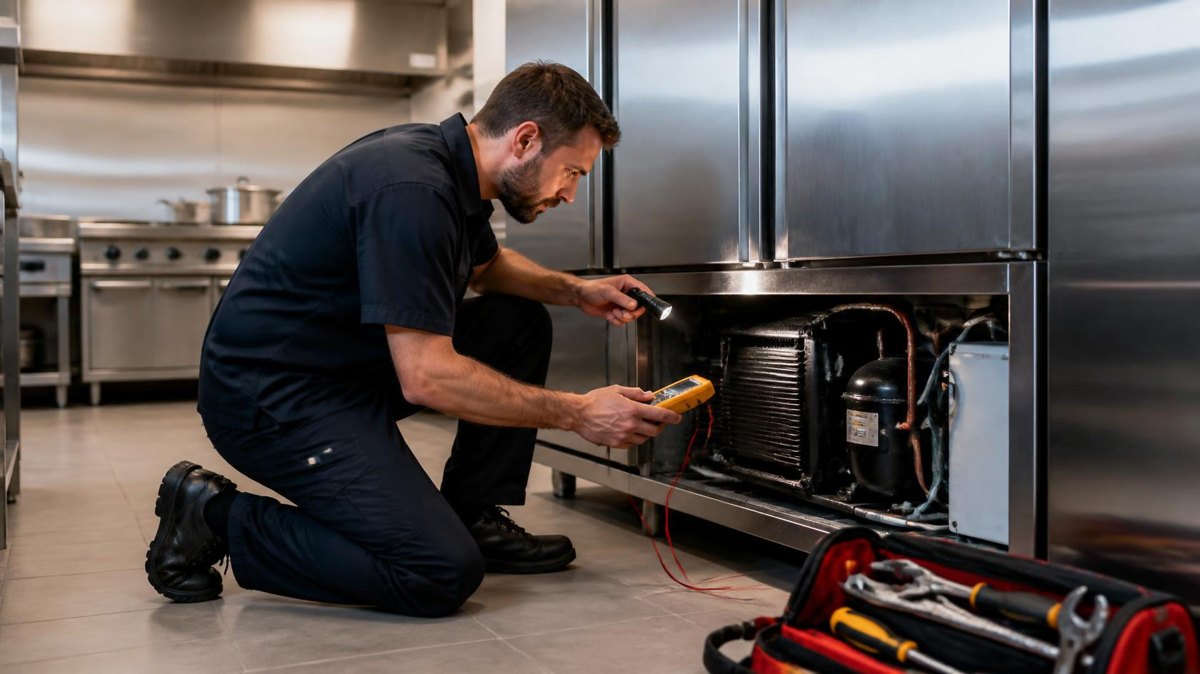 Technician testing the compressor on a commercial reach-in refrigerator